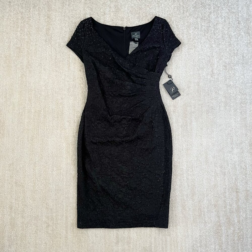 NWT Adrianna Papell Formal Evening Beaded Sequin Black Faux Wrap Midi Dress 6